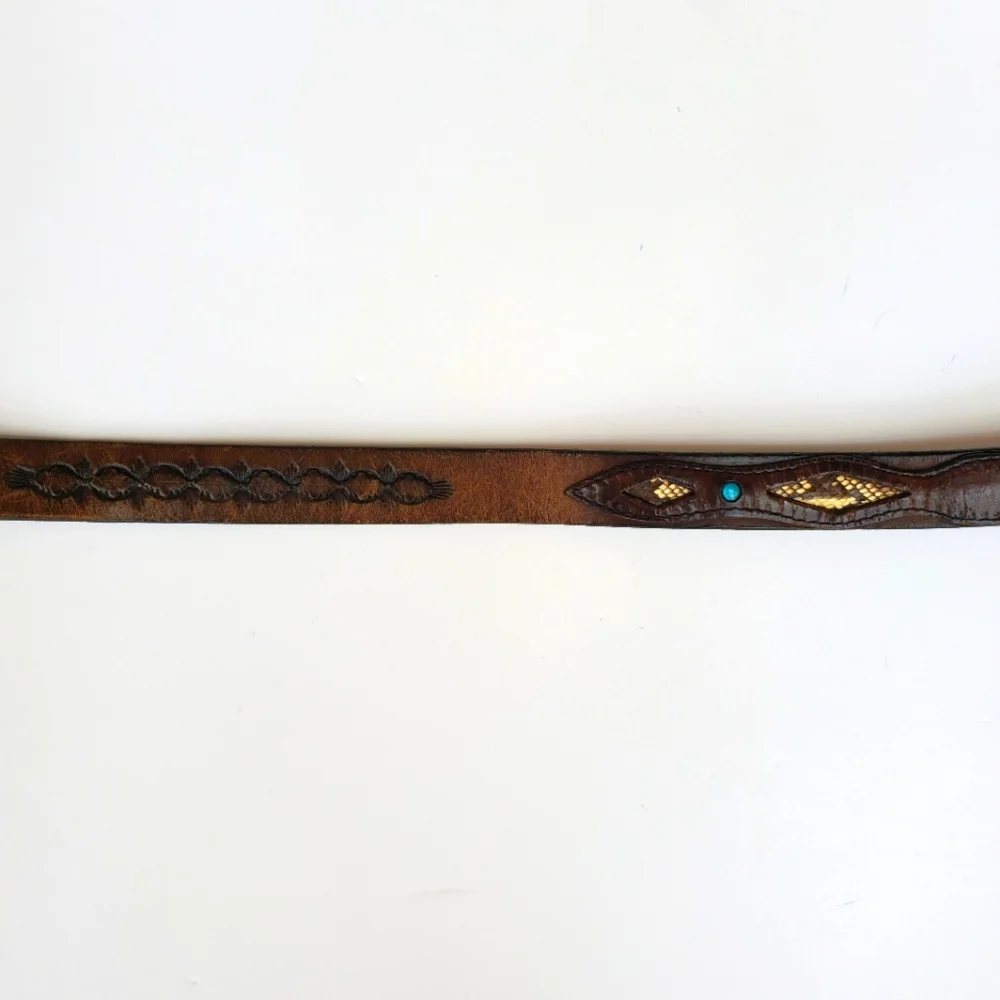 Python & Turquiose Leather Belt Genuine by Southwick / Western Boho - Picture 3 of 16